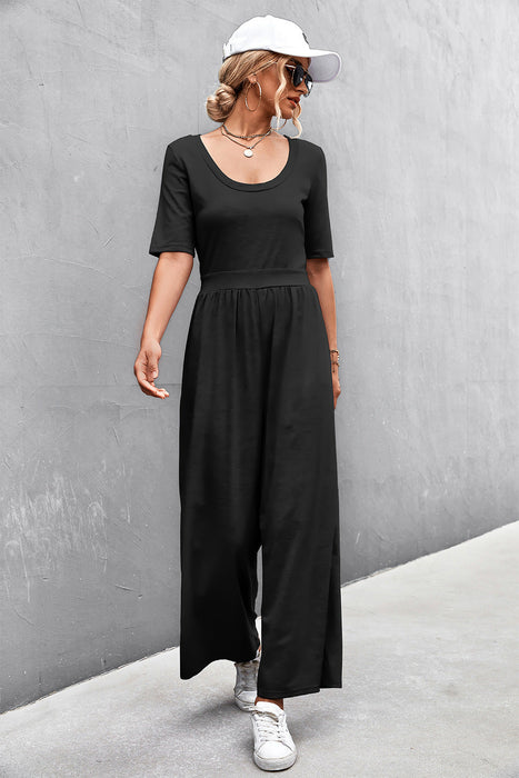 Color-Black-Spring Summer Short Sleeve U Collar Loose Wide Leg Jumpsuit-Fancey Boutique