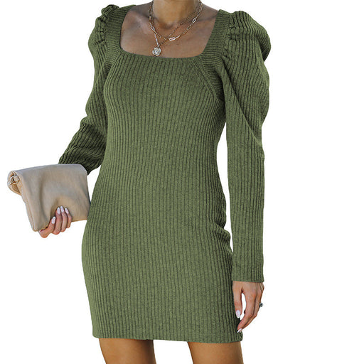 Color-Green-Solid Color Knitted Autumn Winter New Back Hollow Out Cutout out Strap Square Collar Dress Sweater-Fancey Boutique