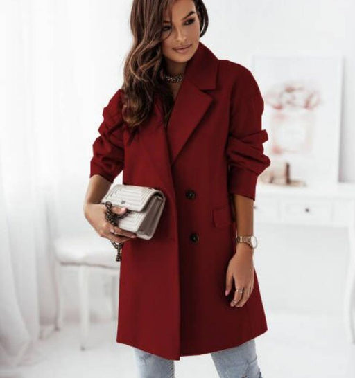 Color-Burgundy-Popular Autumn Winter Long Sleeve Set Collar Double Breasted Woolen Coat Women-Fancey Boutique