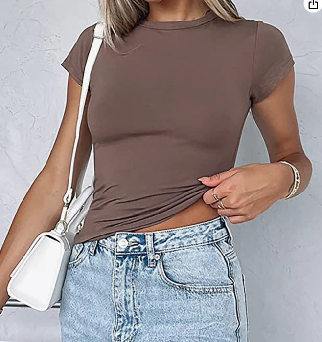 Color-Spring Summer Basic round Neck Short Sleeve T shirt Women Tight Sexy Simple Solid Color Top Women-Fancey Boutique