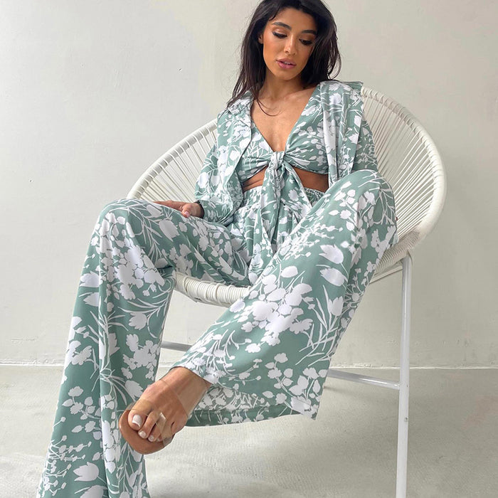 Color-Fall Underwear Three Piece Pajamas Printed Loose Nightgown Trousers Ladies Homewear-Fancey Boutique