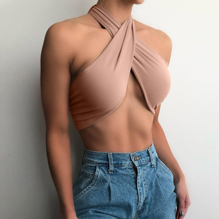 Color-Criss Cross Women Clothing Nightclub Sexy cropped Halter Bottoming Tube Women Vest-Fancey Boutique