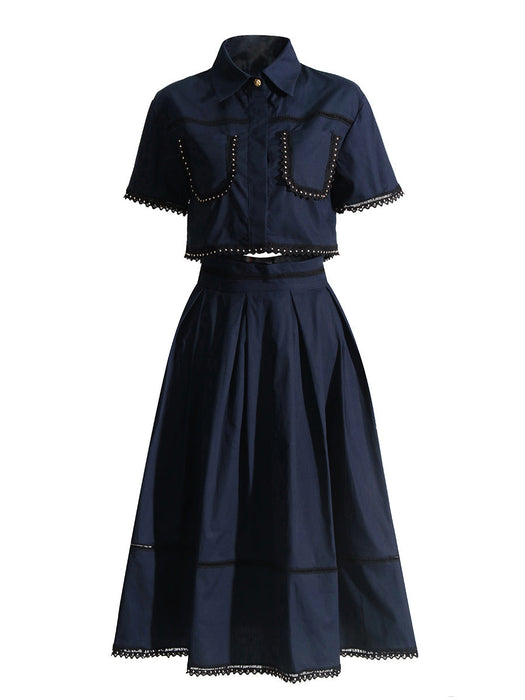 Color-purplish blue-French Elegant Collared Ruffled Short Sleeves Shirt High Waist Midi A line Skirt Two Piece Set-Fancey Boutique