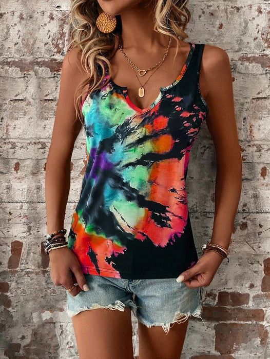 Color-Women's Clothing Summer Random Printing Painted V neck Open Vest Top Women-Fancey Boutique