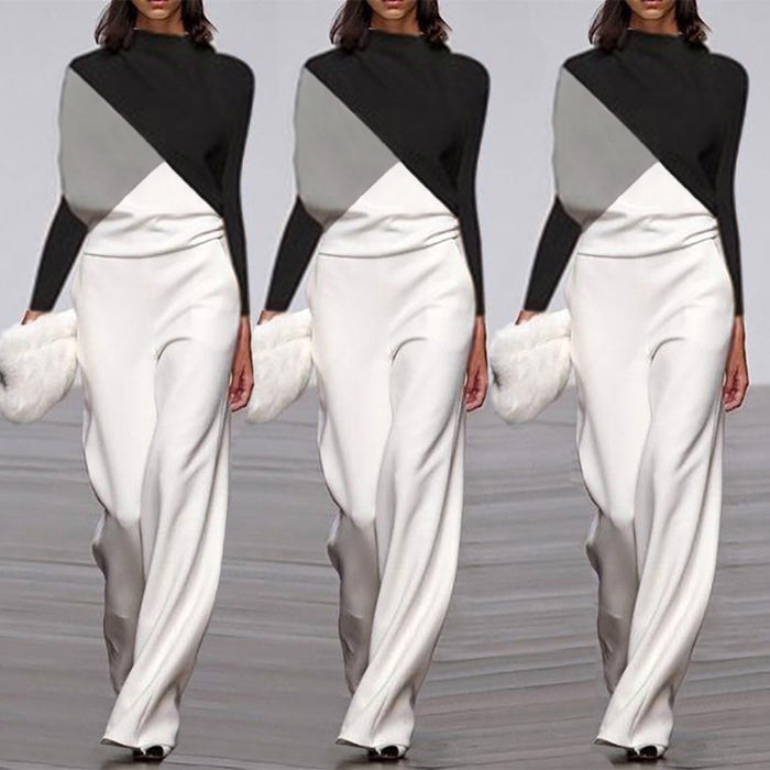 Color-New Black White Color Matching Long Sleeve Creative Jumpsuit-Fancey Boutique