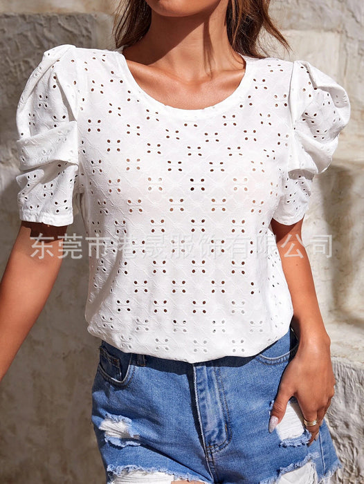 Color-White-Women Clothes Spring Summer Solid Color T shirt Hollow Out Jacquard round Neck Puff Sleeve Top-Fancey Boutique