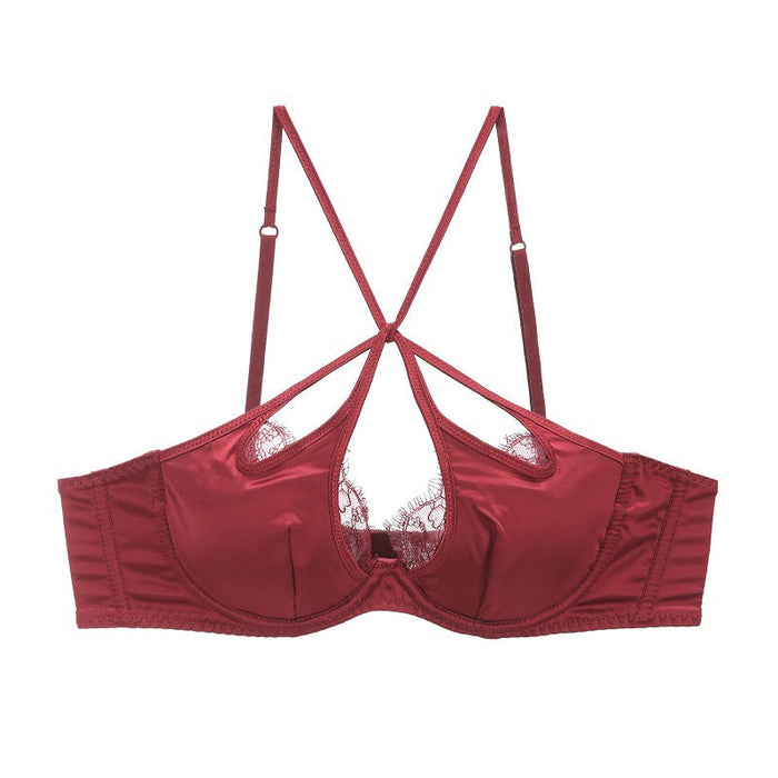 Color-Red one piece-French Sexy Underwear Glossy Cutout Eyelash Lace Thin Soft Steel Ring Criss Cross Strap Push up Bra Set-Fancey Boutique