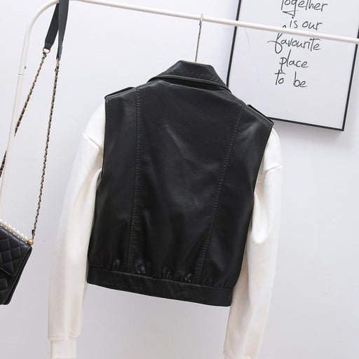 Color-Collared Motorcycle Faux Leather Washed Leather Vest Women Spring Autumn Vest Cardigan Sleeveless Tank Top-Fancey Boutique