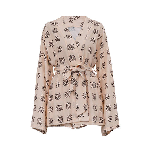 Color-Khaki-Loose Women Printed Wear Casual Lace up Long Sleeved Pajamas High Waist Shorts Suit Home Wear-Fancey Boutique