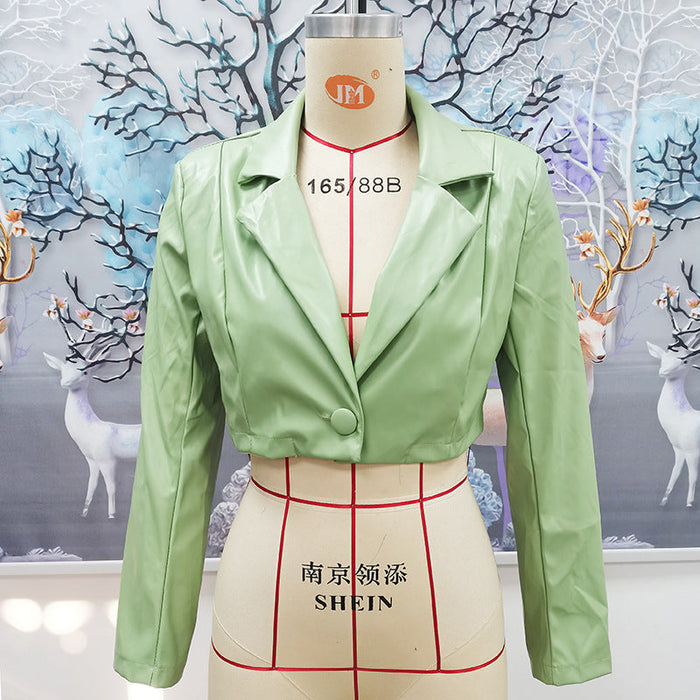 Color-Green Coat-Women Clothing Autumn Winter Tube Top Split Dress Women Collared Short Coat Women Leather Top-Fancey Boutique