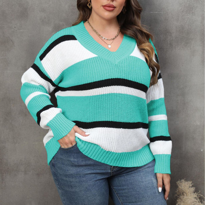 Color-Plus Size Women Pullover Sweater Women Clothing Autumn Winter V Collar Contrast Color Stitching Sweater-Fancey Boutique