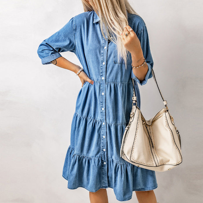 Color-Sky Blue Pleated Denim Full Buckle Midi Dress Women Loose Knee Length-Fancey Boutique