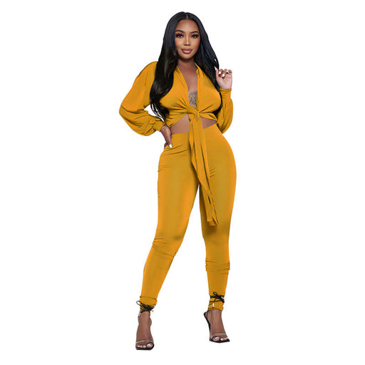 Color-Yellow-Solid Color Cardigan Bundle Long-Sleeved Women two piece set Casual Tight Trousers Suit-Fancey Boutique