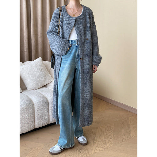 Color-Gray-Advanced Idle Early Autumn Rabbit Sheep Hair Combination Thick Knitted Cardigan Baggy Coat Long-Fancey Boutique