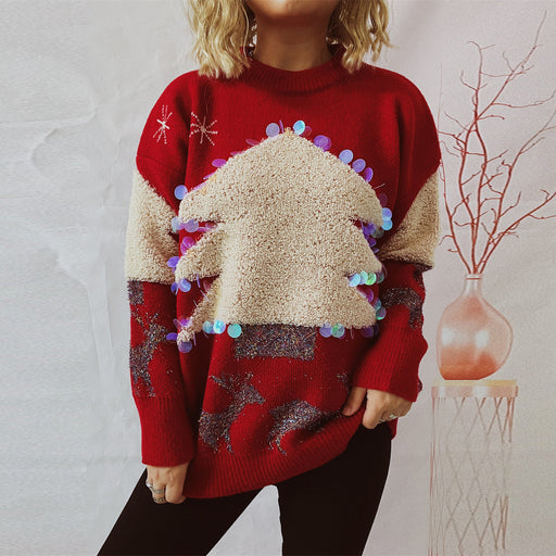 Color-Christmas Holiday Sweater Handmade Sequined Christmas Tree Deer Jacquard Thickened Pullover-Fancey Boutique