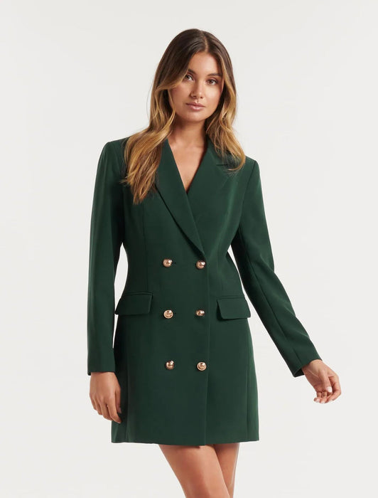 Color-Dark Green-Slim Solid Color Casual Double Breasted Mid-Length Blazer Coat Dress-Fancey Boutique