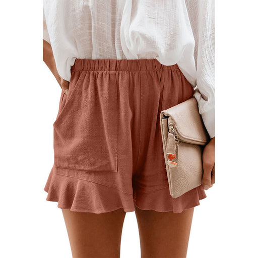 Color-Dark Pink-Solid Color Loose Pockets Casual Pants Summer Ruffled Hem Short Shorts Women-Fancey Boutique