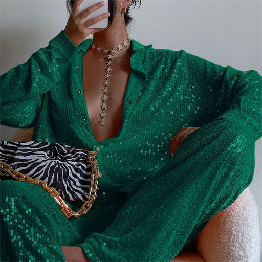 Color-Dark Green Pants-Sequined Long Sleeve Tops Shirt Women V neck Vest Straight Leg Pants Three Piece Set Sexy Spring Summer Party Set-Fancey Boutique