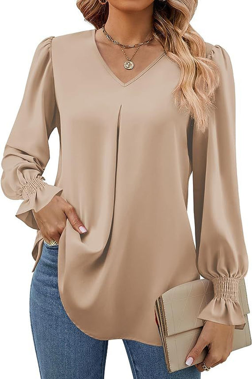 Color-Khaki-Women Clothing Autumn Winter Solid Color Chiffon Shirt V Neck Pullover Horn Long Sleeve Top Shirt-Fancey Boutique