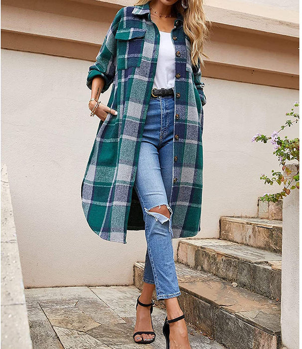 Color-Green-Autumn Winter Long Trench Coat Side Slit Collared Slim Women Woolen Plaid Coat-Fancey Boutique