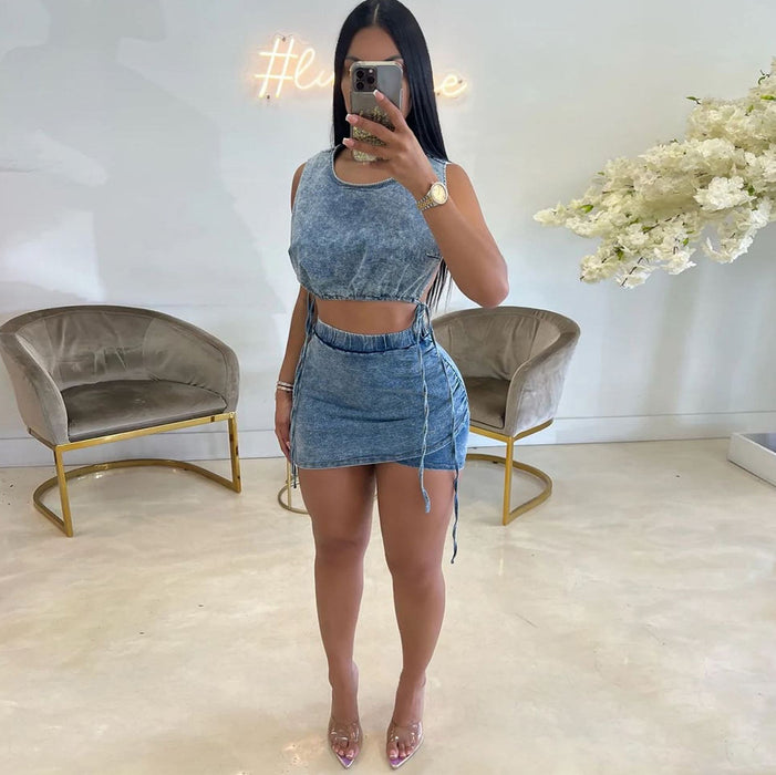 Color-Summer Autumn Vest Short Skirt Stretch Two Piece Sexy Denim Women Wear-Fancey Boutique