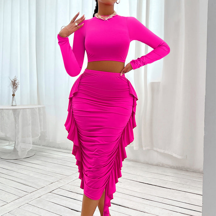 Color-Fall Winter Sexy Women Clothing Solid Color Round Neck Cropped Outfit Long Sleeve Flounced Skirt Set-Fancey Boutique