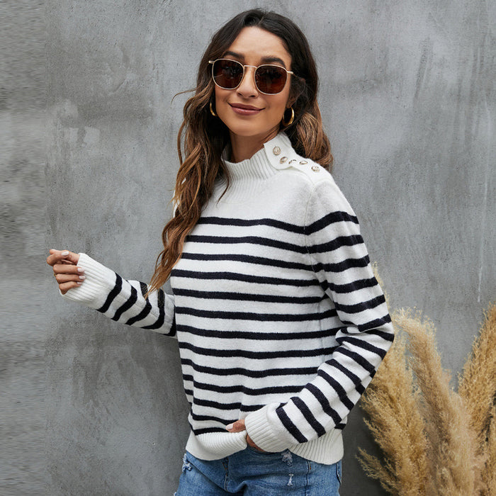 Color-Women Clothing Striped Sweater Loose Long Sleeve Stand Collar Pullover Sweater-Fancey Boutique