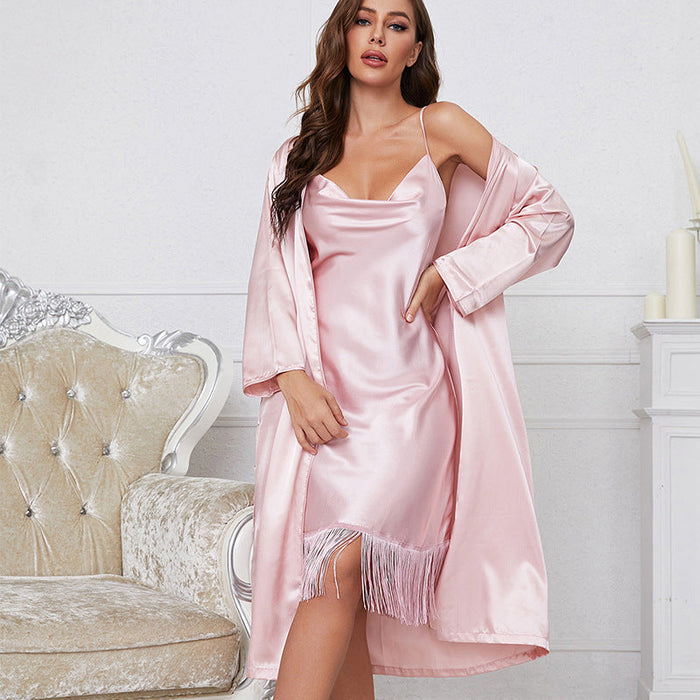 Color-Pink-Pajamas Women Spring Autumn Thin Two Piece Sexy Home Wear Suit Casual Loose Sling Nightgown-Fancey Boutique