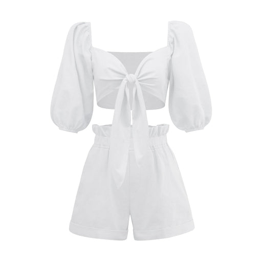 Color-White-Spring Summer Solid Color Sexy Cotton Cardigan Top Pocket Shorts Casual Suit-Fancey Boutique