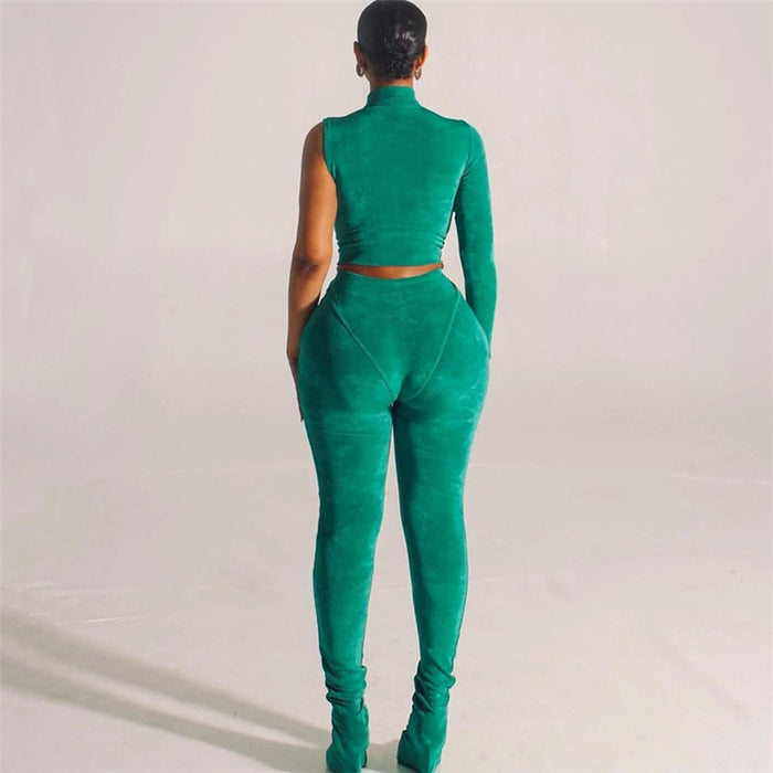 Color-Black-Fall Women Clothing Single Sleeve Turtleneck Plush Slim Fit Sports Casual Set-Fancey Boutique