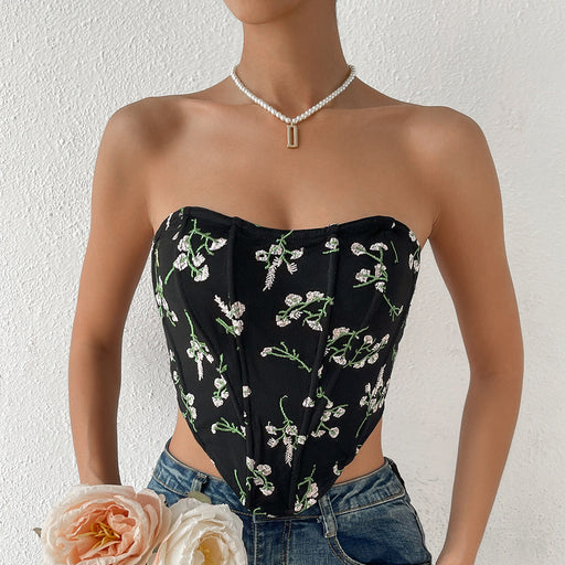 Color-Sexy Lace Embroidery Floral Bow Tie Lace-up Tube Top Boning Corset Vest-Fancey Boutique