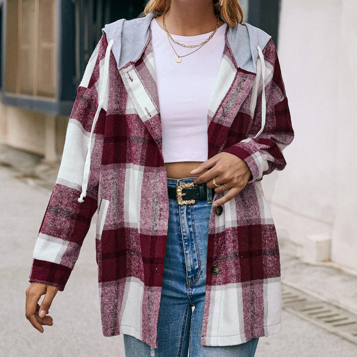 Color-Plaid Shirt Hooded Loose Casual Shacket Jacket Outerwear-Fancey Boutique