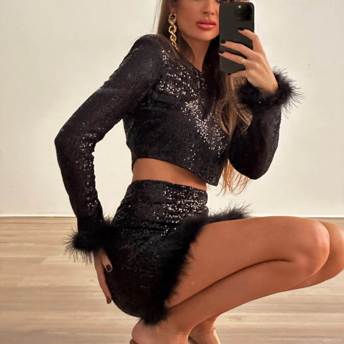 Color-Sexy Sequined Suit Round Neck Long Sleeve Sexy Short Top Short Skirt Two Piece Suit Stitching Furry Party Dress-Fancey Boutique