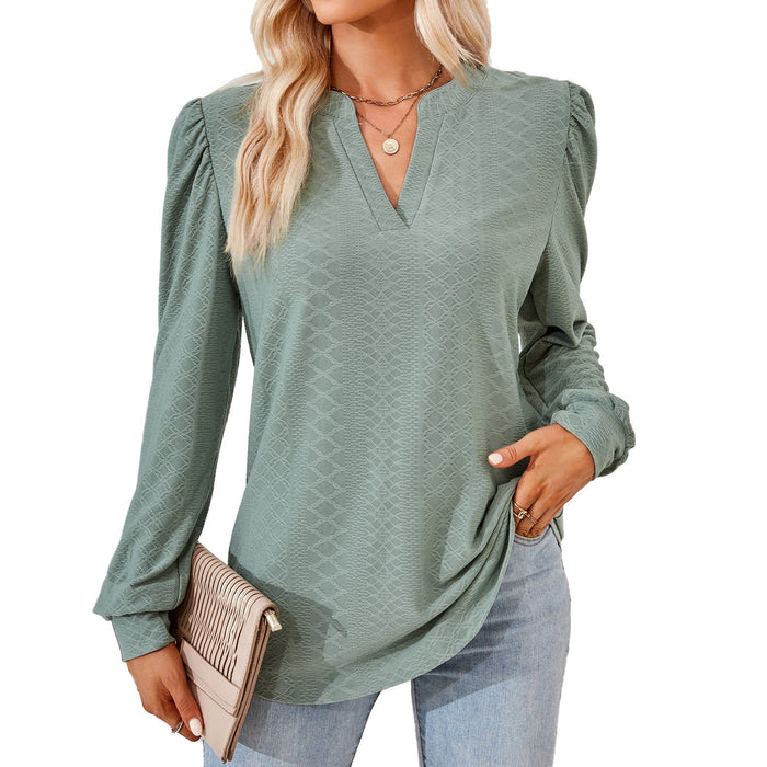 Color-Dark Green-Autumn Winter Solid Color V neck Jacquard Long Sleeve Loose-Fitting T-shirt Top Ladies-Fancey Boutique