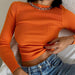 Color-Rib Round Neck Solid Color Bottoming T Shirt Women Bright Color Spring Crop Top Tight Fitting Long Sleeve Short Top-Fancey Boutique