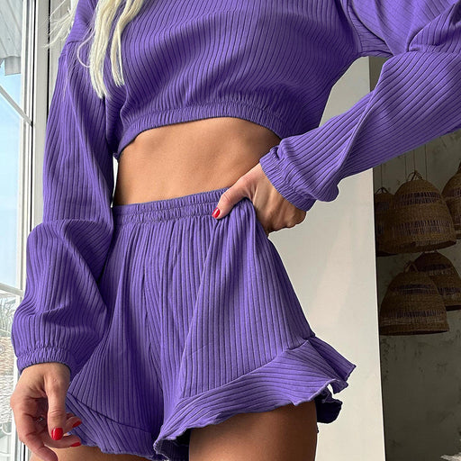 Color-Autumn Solid Color Slim Fit Cropped Breathable Loose Outer Wear Long Sleeve Shorts Pajamas Two Piece Home Wear-Fancey Boutique