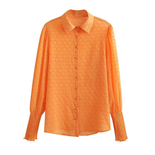 Color-Orange-Spring Summer Two Color Embossed Loose Long Sleeved Shirt Single Breasted Top-Fancey Boutique