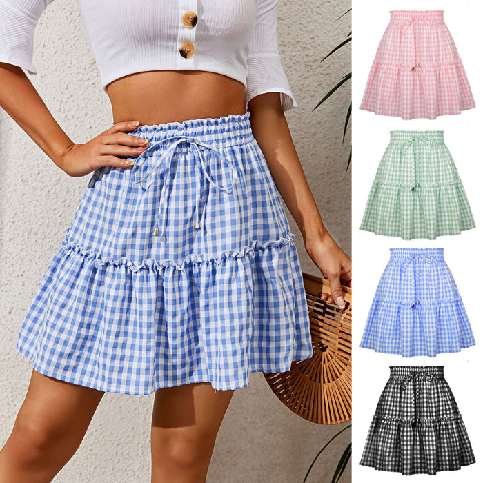Color-Popular Women Pleating Plaid Printed Skirt High Waist Elastic Retro Plaid Skirt-Fancey Boutique