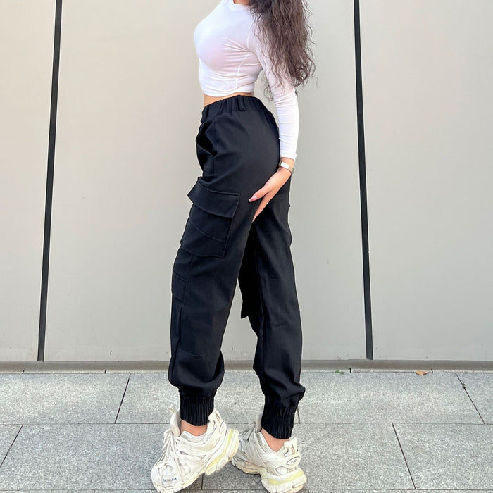 Color-Trendy Cargo Pants High Street Women Pants Sweatpants Multi Pocket Trousers Loose Street Straight Ankle Tied Trousers-Fancey Boutique