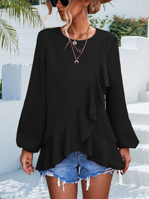 Color-Black-Spring Summer Solid Color Ruffles Lantern Sleeve Irregular Asymmetric Top-Fancey Boutique