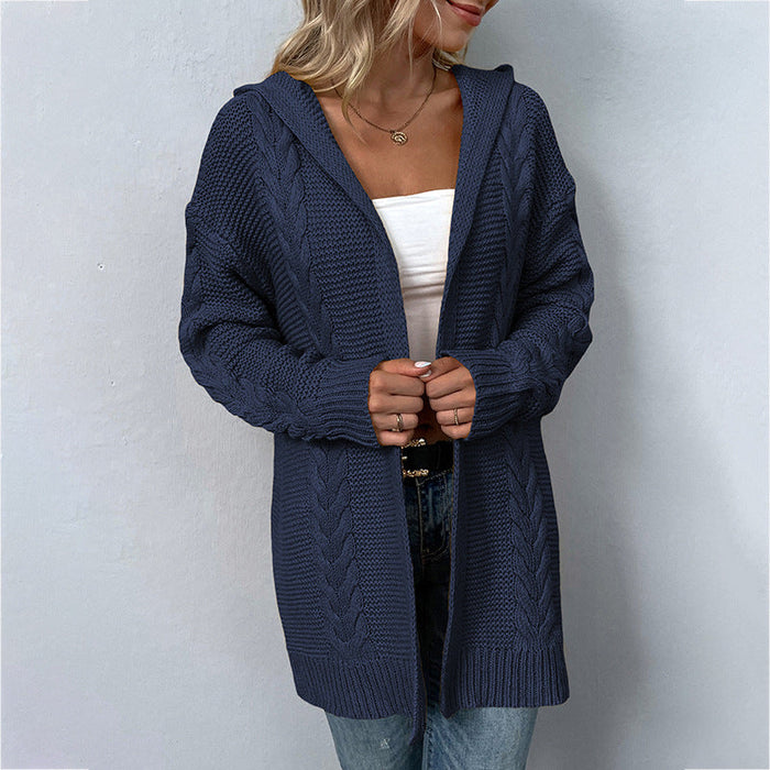 Color-Navy Blue-Autumn Winter Solid Color Hooded Twist Knitwear Cardigan Sweater Women Coat-Fancey Boutique