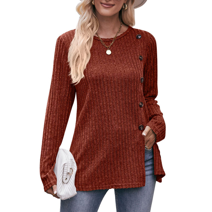 Color-Brown-Women Solid Color round Neck Sunken Stripe Brushed Slit Button T shirt-Fancey Boutique