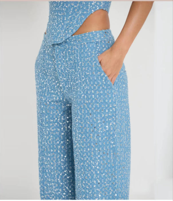 Color-Spring Summer Denim Sequ Tube Top Wide Leg Pants Suit-Fancey Boutique