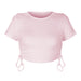 Color-Pink-Summer Sexy Sunken Stripe Cropped Short Drawstring Lace up round Neck Short Sleeve T shirt Women Top-Fancey Boutique