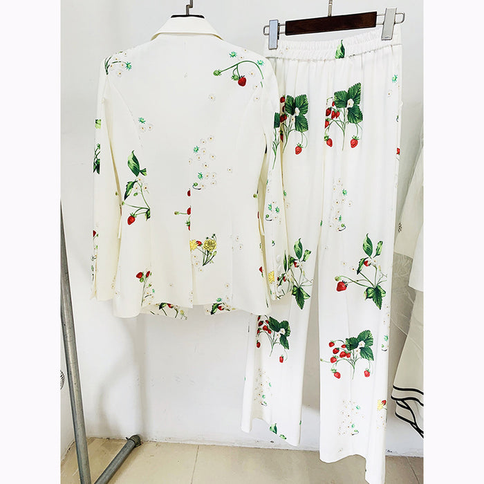 Color-Star Elegant Strawberry Print Slim Fit Blazer Trousers Suit Two Piece Set-Fancey Boutique