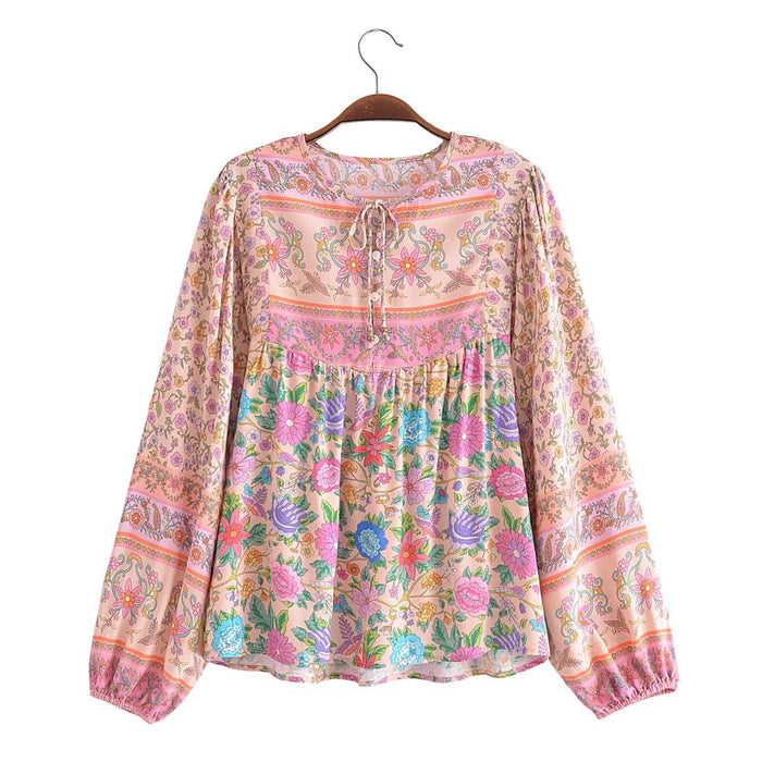 Color-Pink-Spring Positioning Printing Patchwork Top Ethnic Vacation Long Sleeve Rayon Shirt Women-Fancey Boutique
