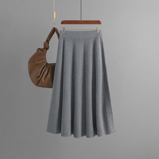 Color-Gray-Mid Length Autumn Winter Draping Effect A line Khaki Knitted Skirt Women Winter Sweater-Fancey Boutique