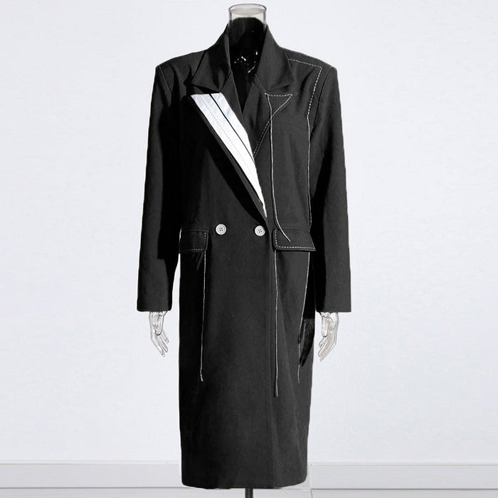 Color-Black-Office Long Trench Coat Fall Lapels Long Sleeve Stitching Large Pocket Double Breasted Coat-Fancey Boutique