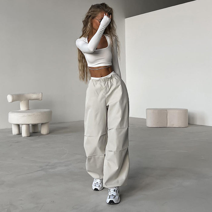 Color-High Waist Drawstring Straight Simple Overalls Summer Street Solid Color All Matching Casual Trousers-Fancey Boutique