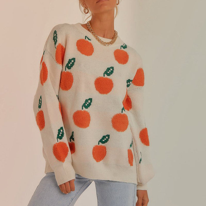 Color-Autumn Winter Casual Loose Orange Pattern round Neck Long Sleeve Knitted Pullover Sweater Women-Fancey Boutique